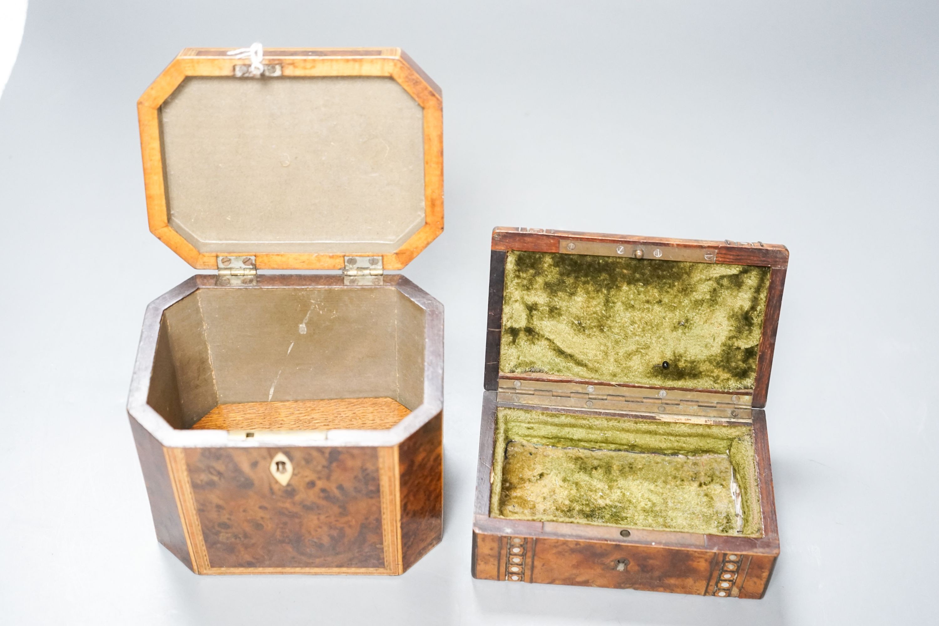 A George III burr yew and harewood, tulipwood and boxwood strung tea caddy, of octagonal form, 12.5cm and a small French yew jewellery casket
